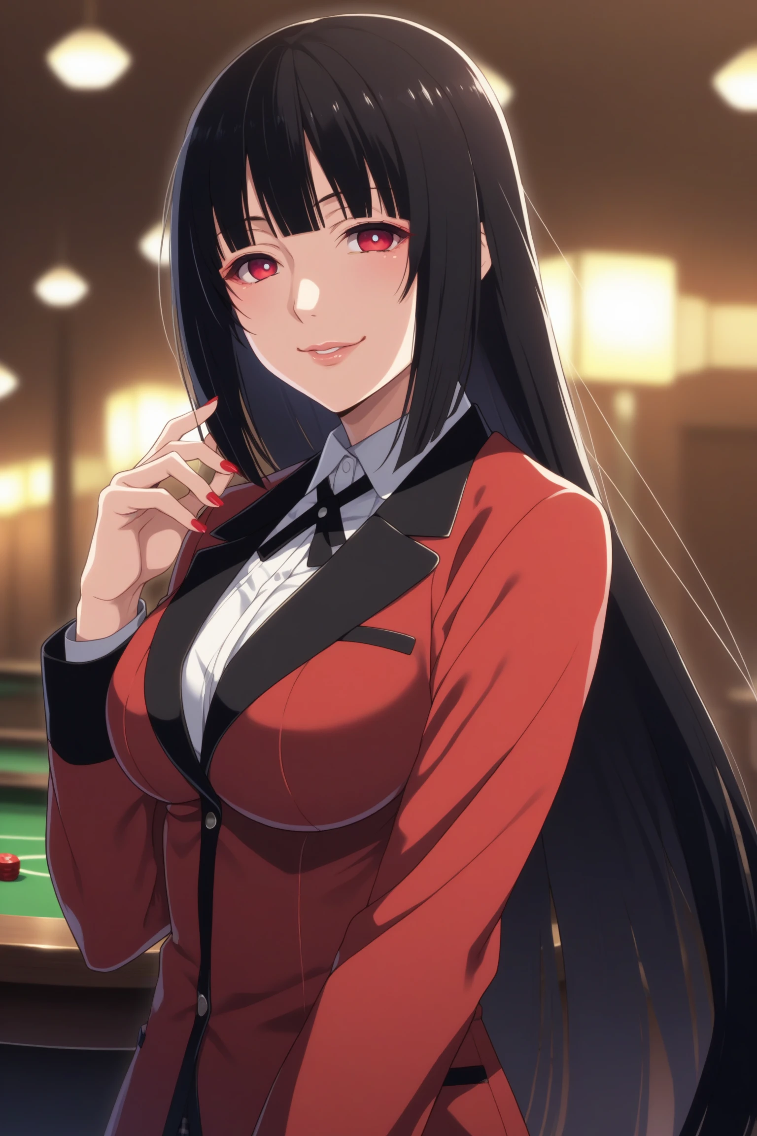 jabami yumeko, long hair, black hair, bangs, himecut, red eyes, hyakkaou academy school uniform, long sleeves, red nails, nail poilsh, blazer, red jacket, suit jacket, white shirt, collared shirt, black neck ribbon, black skirt, plaid skirt, pleated skirt, black pantyhose, loafers, <lora:Yumeko_Jabami:0.8>, score_9, score_8_up, score_7_up, score_6_up, score_5_up, source_anime, rating_safe, medium breasts, indoors, casino, 1girl, solo, looking at viewer, <lora:age_slider_v4:3>, (upper body:1.2)