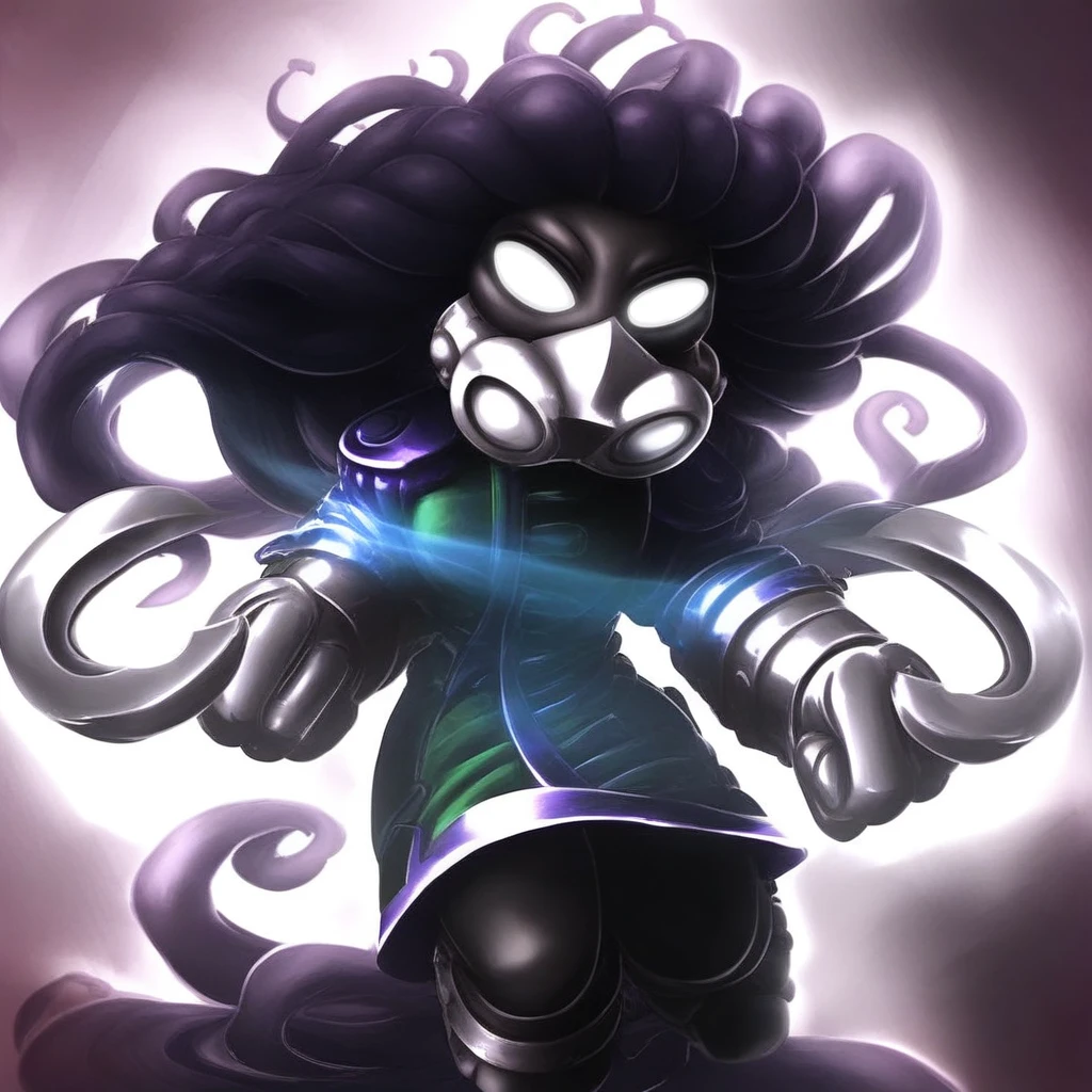 Nightfall (skylanders), black skin, dark purple hair, long hair, tentacle like hair, shiny hair, white eyes, no pupils, metal mask, dark green jacket, military uniform, purple Epaulette, metal Hook wrist gauntlets, female, Glowing eyes, cool pose