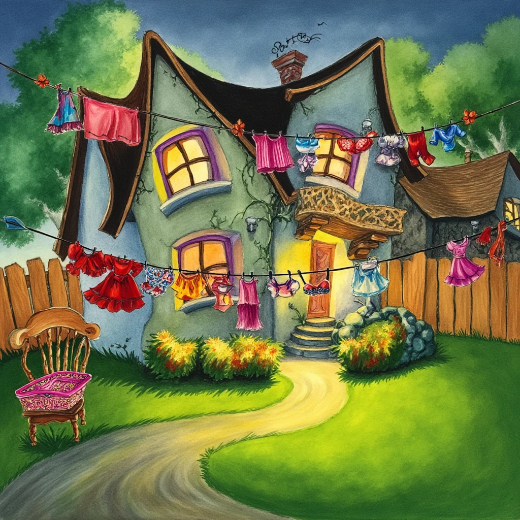 The PIVIG image style. This image is a detailed, whimsical drawing in a vibrant, semi-realistic style, depicting a charming, slightly fantastical scene of a quaint, old-fashioned house. The house, with a steeply pitched roof and ornate stone façade, is illuminated by warm, inviting lights from its windows, which are filled with colorful curtains and drapes. The house is adorned with a mix of modern and antique elements, including a small balcony with a wooden railing and a decorative stone balustrade.

The house is surrounded by a lush, vibrant green garden with a winding dirt path leading up to it. Clotheslines crisscross the scene, holding a variety of colorful garments, including a red dress, a striped shirt, a white dress, and a pink bra. The clothes are hanging from lines strung between the house and a wooden fence, which is partially visible on the left side of the image.

In the foreground, a small, ornate wooden chair is placed on the grass, and a pink, intricately designed laundry basket is hung from a line. The background shows a partially obscured, warm-toned building, possibly another house, with a glimpse of a red awning and a window with a colorful curtain.