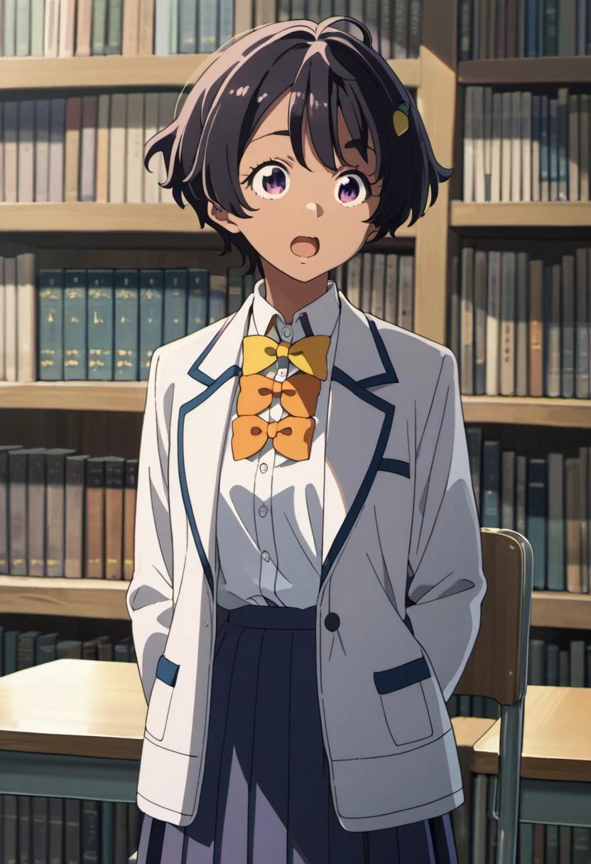 score_9, score_8_up, score_7_up, source_anime,yakishio remon, black hair, short hair, purple eyes, dark skin, dark-skinned female, 1girl, solo, bookshelf, library, bow, school uniform, open mouth, book, bowtie, jacket, hair ornament, chair