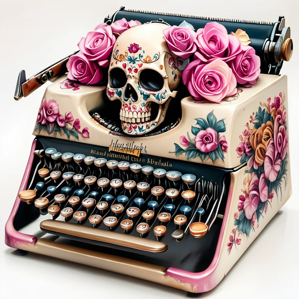 core_9, score_8_up, score_7_up, score_6_up, <lora:Vibrant_CalaveraPony:1> ArsMJStyle, Vibrant Calavera, The image is a digital illustration of an old-fashioned typewriter with a skull on top of it. The typewriter is pink in color and has a floral design on the body. The skull is white with colorful flowers and leaves on its face. It is surrounded by two pink roses on either side of the typewriter. The keys are black and there are a few rose petals scattered around the keys. The background is a light beige color. The overall style of the illustration is whimsical and vintage., no humans, skull, flower, weapon, gun, pink flower, still life, white background, simple background, rose