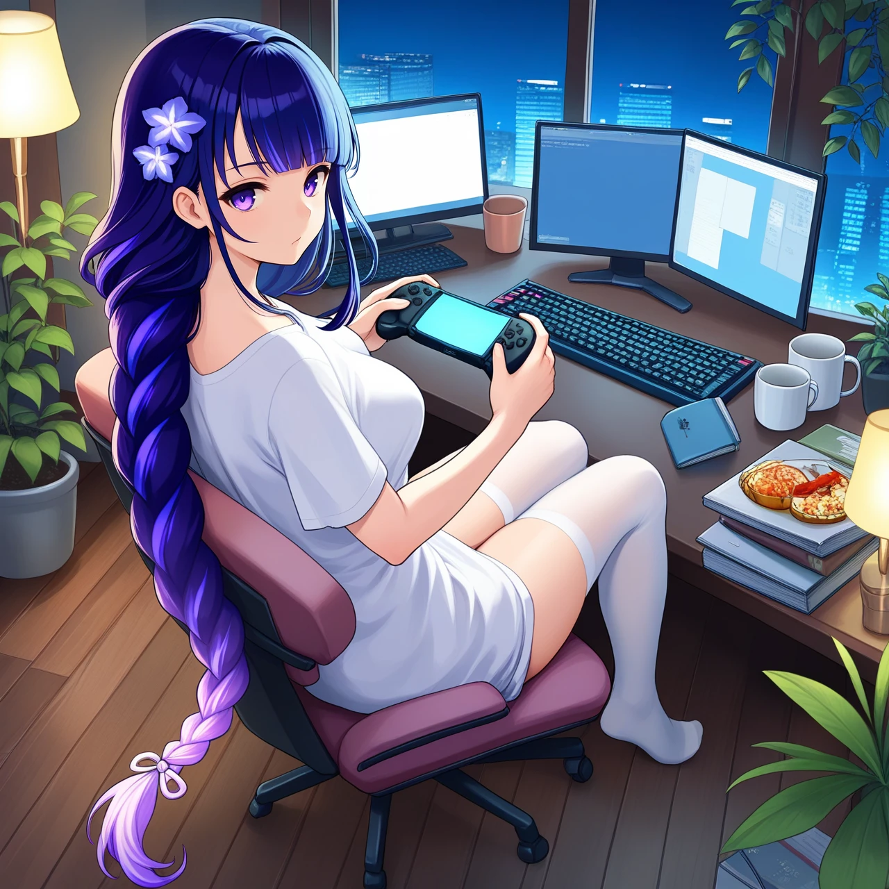 masterpiece, best quality, high resolution, absurdres,
uncensored, 
raiden shogun, 1girl, long hair, purple hair, thighhighs, looking at viewer, braid, purple eyes, cup, braided ponytail, lamp, monitor, computer, white thighhighs, sitting, indoors, solo, headphones, very long hair, plant, bangs, keyboard \(computer\), hair ornament, looking back, chair, holding, breasts, no shoes, single braid, potted plant, contemporary, flower, alternate costume, controller, shirt, book, food, phone, laptop, table, holding controller, from above, white shirt, blunt bangs, holding game controller, window, hair flower, mug, dress, night, full body, mouse \(computer\)