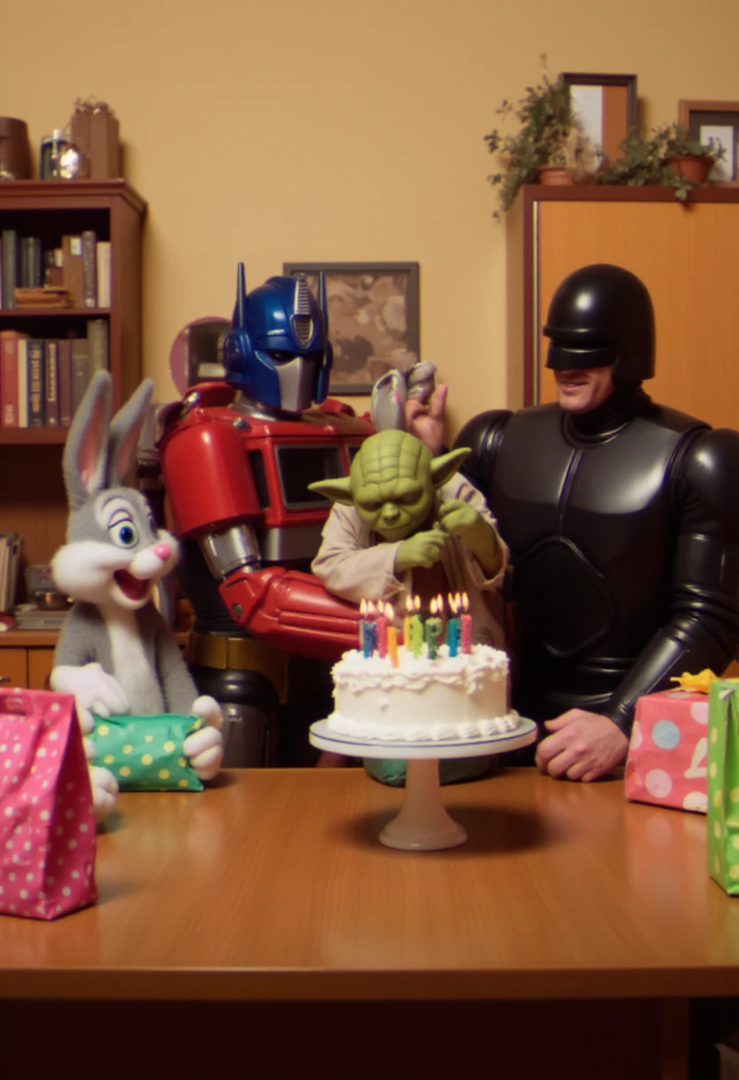 <lora:Too_Many_Cooks_FLUX:1>
The image is a photograph of a warm, intimate birthday celebration scene set in a cozy, retro-styled kitchen. The group is gathered around a wooden table, centered in the room.
From left to right, Optimus Prime is holding Yoda, who is blowing out candles on a colorful birthday cake. The cake is on a white cake stand, decorated with white icing and colorful candles. The cake is surrounded by brightly wrapped gifts, including a pink bag with white polka dots and a green bag with yellow polka dots.
Next to Optimus Prime, Robocop is smiling and looking at the cake. To his left, Bugs Bunny is holding a gift bag.