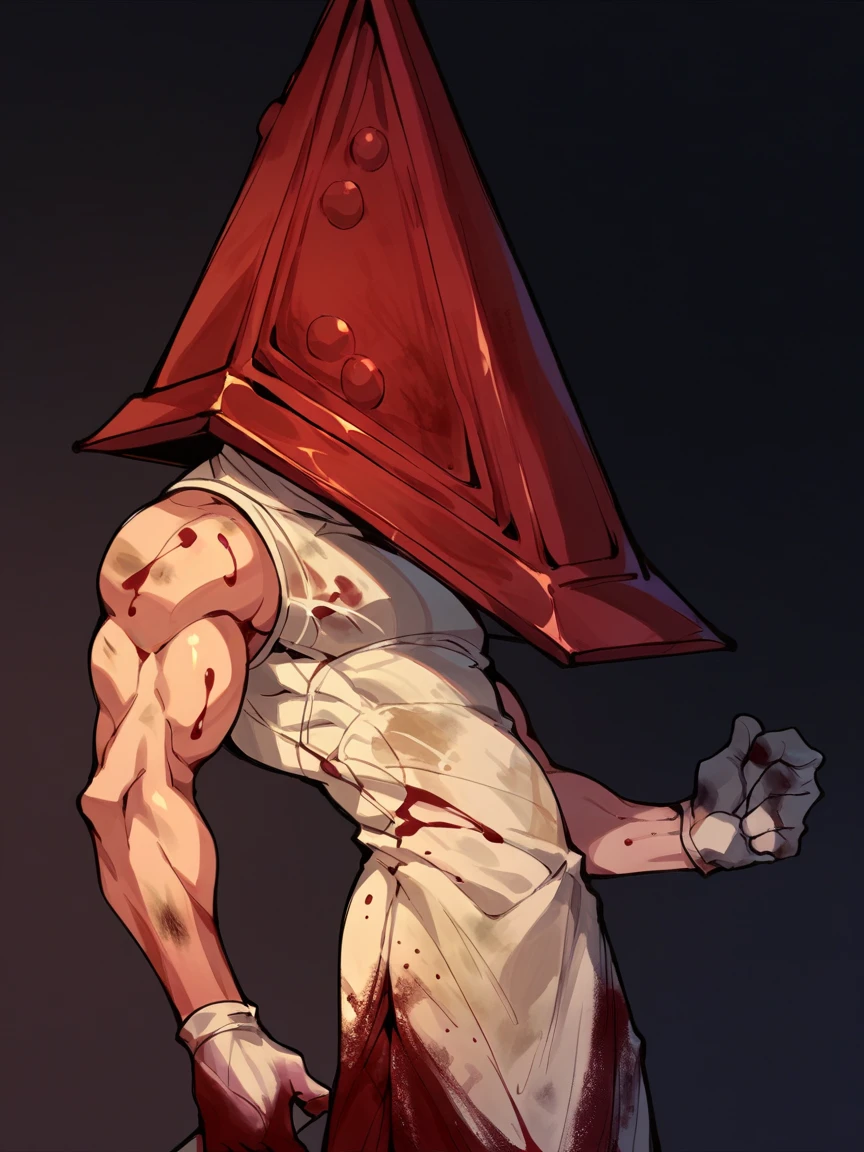 score_9, score_8_up, score_7_up, score_6_up, score_5_up,   <lora:pyramidheadXLP:1> pyramid head, male focus, solo, muscular, helmet, blood on clothes, dirty, dark background