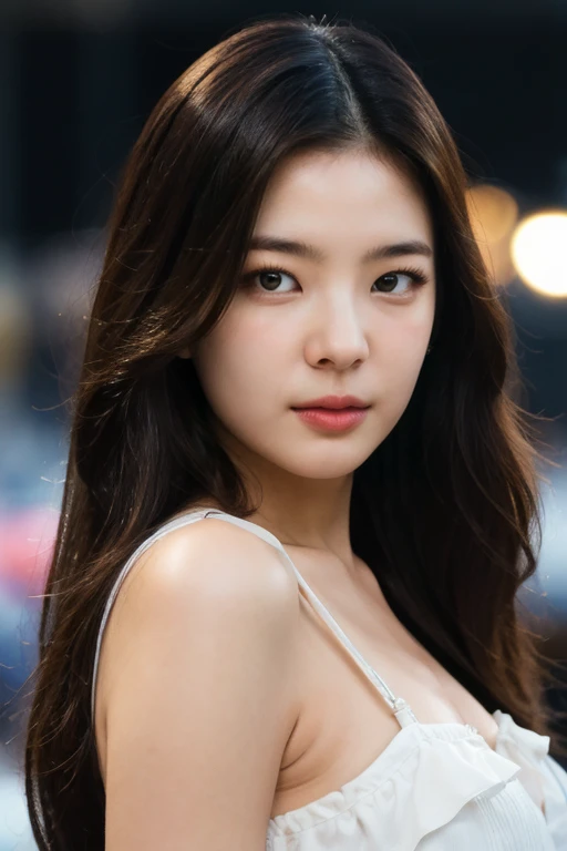 masterpiece, best quality, ultra-detailed, ultra high res, (photorealistic:1.4), raw photo, (realistic:0.2), 8k HDR, realistic lighting, 1girl, solo, (asian:0.2), asymmetrical hair, outdoor, night, (simple background:1.4), bokeh, (detailed lips), (detailed pores), (detailed skin textures), (detailed face:1.2), (upper body:1.2), a woman in a sundress, promotional image, a character portrait,