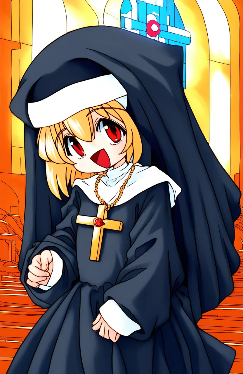 score_9, score_8_up, score_7_up, source_anime, rating_explicit, BREAK <lora:Melodylibrary_XL:1> Melodylibrary, nun, blonde hair, red eyes, bangs,flat chest, short stack,
1girl, solo, cross, habit, jewelry, open mouth, cross necklace,  necklace, long sleeves, short hair, looking at viewer
church, 
smile,
looking at viewer, 
cowboy_Shot,