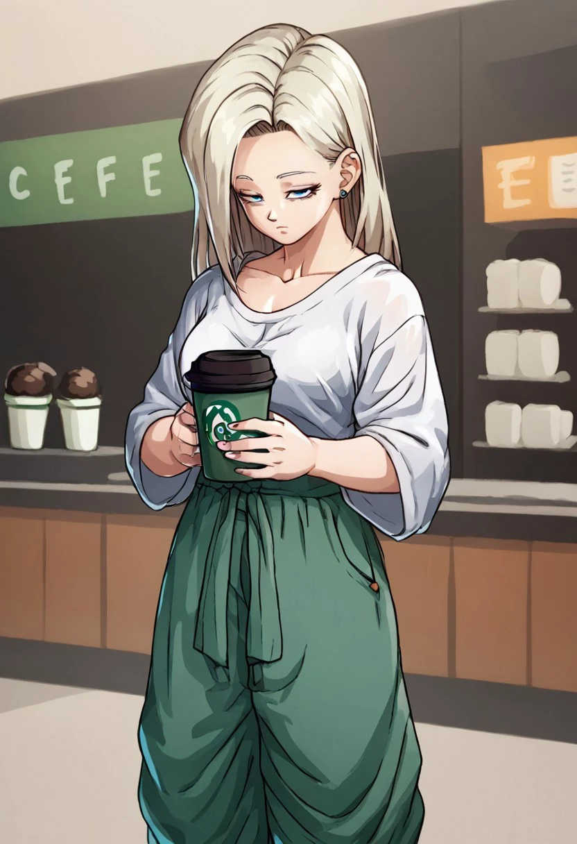 score_9, score_8_up, score_7, coffee cup, female, solo, platinum blonde hair, loose shirt, baggy pants, tired expression, coffee shop, fullbody, FighterZ, Thick outline