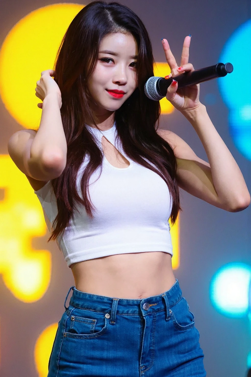 An Yujin in IVE girl group woman, shoulder hair, black hair, flat bangs hair, sexy woman, K-pop singer, smiling, single woman, large breasts, plain white tight strapless tube top, plain black tight short legging pants, plain white heels, sexy pose hot, concert stage scene