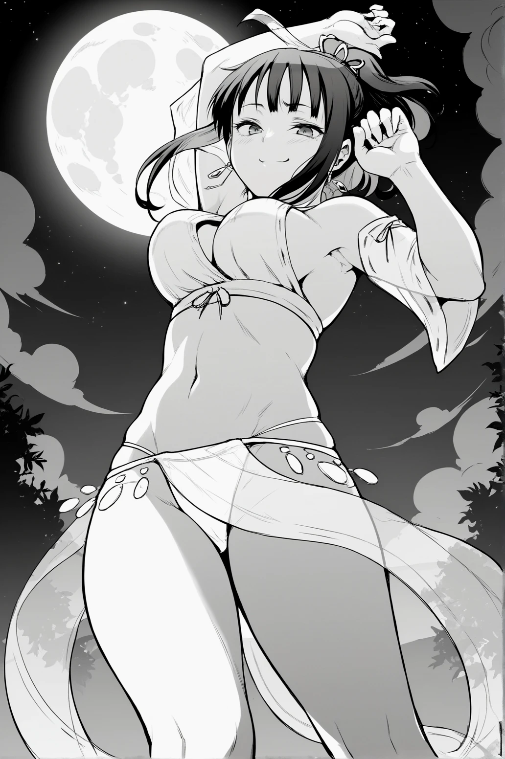 score_9, score_8_up, score_7_up, monochrome, manga_source, best background, detailed background, manga, grayscale   Hina, Dancer Dress,  face, , cowboy shot, dancing, from below, solo, dynamic camera, dynamic angle, outdoors, night, moon, <lora:JN_Hina:0.8>