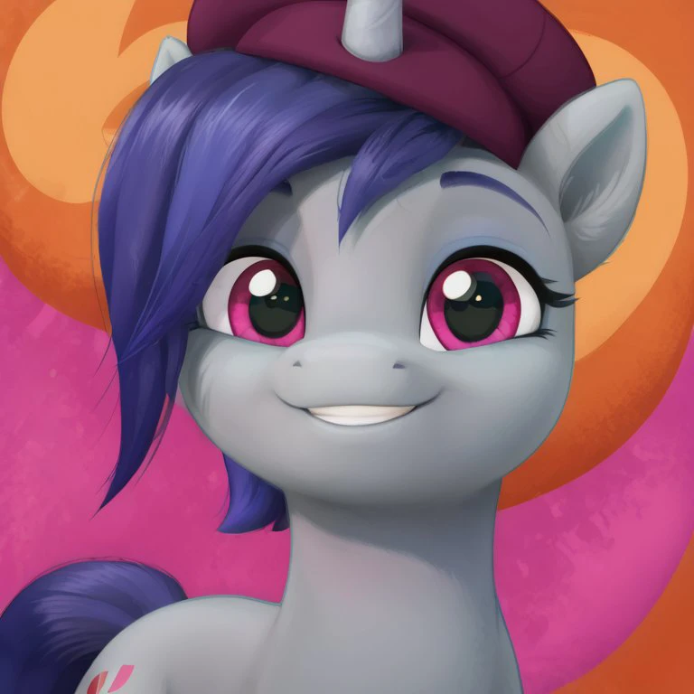 score_9, score_8_up, score_7_up, score_6_up, score_5_up,with beautiful, detailed, (detailed cute pony face), detailed eyes, detailed fur, beautiful, vector, flat colors, (abstract background: 1.8), (looking at you, looking at viewer: 1.5), cute smile, happy, ((close-up)), wide angle
<lora:Onyx:1>Onyx,pony, gray body, solo, 
<lora:Wholesome_MLP-v1.2:1> <lora:OtherStyle_01:1> <lora:mlp_g5 (1):1>