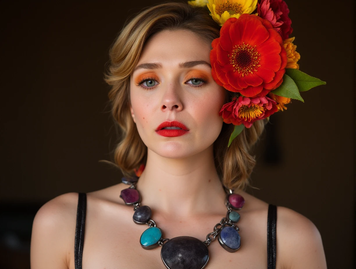 This is a high-resolution photograph of a woman with striking makeup and a vibrant, elaborate hairstyle. She has fair skin, bright blue eyes, and full, glossy lips painted in a deep red color. Her eyebrows are well-groomed and her eyelids are accentuated with bold, bright orange eyeshadow that extends to her lower eyelids, giving her a dramatic look. She has a delicate, upturned nose and her hair is styled in a sophisticated, intricate braided updo.
Her hair is adorned with a large, colorful floral arrangement featuring red, yellow, and orange flowers, with green leaves, positioned to the right side of her head. The flowers add a pop of color and texture to the image.
She is wearing a statement necklace that consists of a mix of dark blue, turquoise, and purple stones set in a metallic frame, with each stone having a unique shape and size, creating a visually dynamic and textured effect. The necklace sits prominently around her neck, drawing attention to her collarbone and upper chest area.
The background is blurred, but hints at a rustic, earthy setting with muted brown tones, allowing the subject to stand out sharply against the neutral backdrop.,Elizabeth Olsen, <lora:Elizabeth Olsen_Flux_V1:0.90>