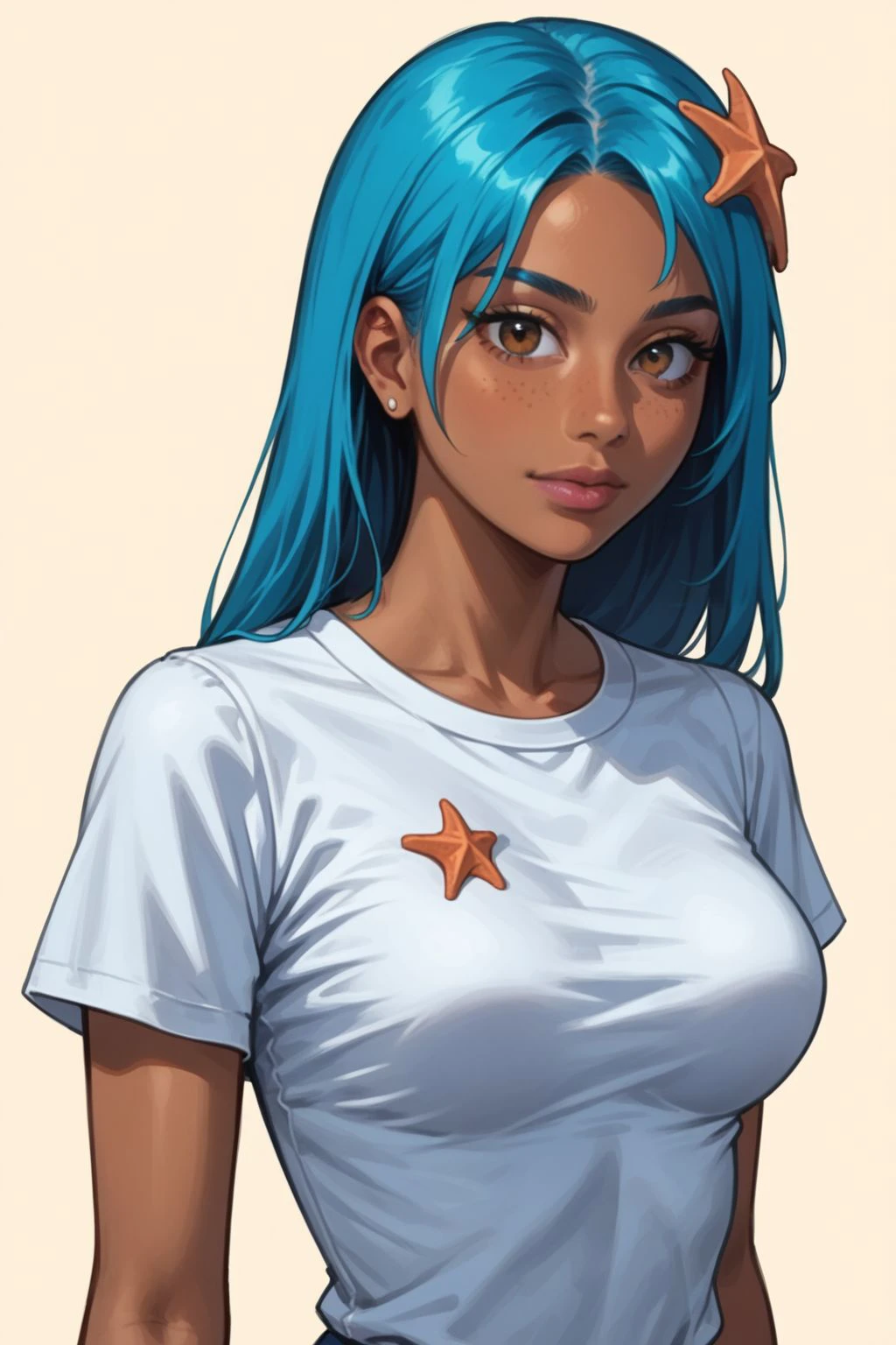 score_9, score_8_up, score_7_up, ((rating_safe)), masterpiece, high quality, highres RAW photo, ((cowboy shot))
solo, a 1girl, 18 years old, andraiareboot, blue hair, long hair, starfish hair ornament, colored skin, orange skin, dark skin, ((wearing a white t-shirt, black jeans)), <lora:AndrAIaReBoot:0.6>
(slender body, petite:1.2), eye contact, tiny waist, ((confident, arrogant, determined, happy, smile, smiling, wide smile, teeth)), (sitting, seated, sitting on a chair)
((futuristic science fiction: 1.8)) , ((in a science fiction facility: 2.8, indoors: 2.8))