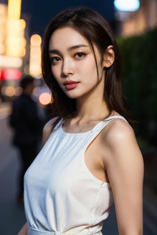 masterpiece, best quality, ultra-detailed, ultra high res, (photorealistic:1.4), raw photo, (realistic:0.2), 8k HDR, realistic lighting, 1girl, solo, (asian:0.2), asymmetrical hair, outdoor, night, (simple background:1.4), bokeh, (detailed lips), (detailed pores), (detailed skin textures), (detailed face:1.2), (upper body:1.2), a woman in a white sundress, promotional image, a character portrait, (thigh gap)