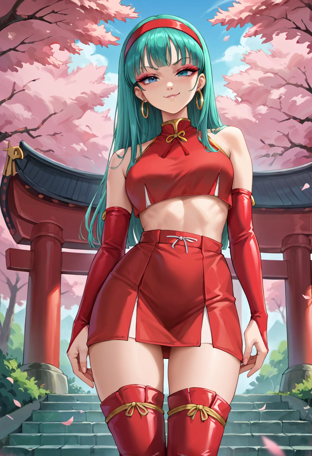 score_9, score_8_up, score_7_up, BREAK  ict style, 1girl, <lora:BullaXL:0.85> bulla, aqua hair, long hair, blue eyes, hairband, crop top, hoop earrings, red bridal gauntlets, red elbow gloves, midriff, red skirt, red thigh boots, smirk, looking at viewer, cowboy shot, eyeshadow, japanese shrine, cherry blossom trees