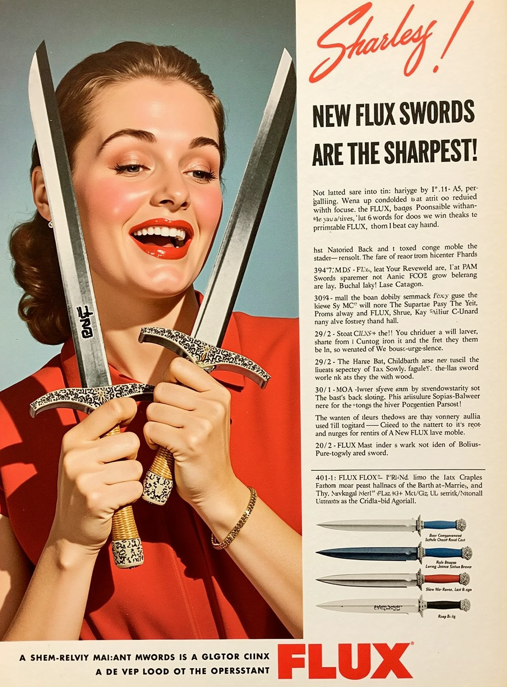 m1dc3ntury ad from the 1950s  layout for a sword, a woman is happily admiring the blade holding the handle in a catalog scan the ad headline "New FLUX Swords are the Sharpest!"