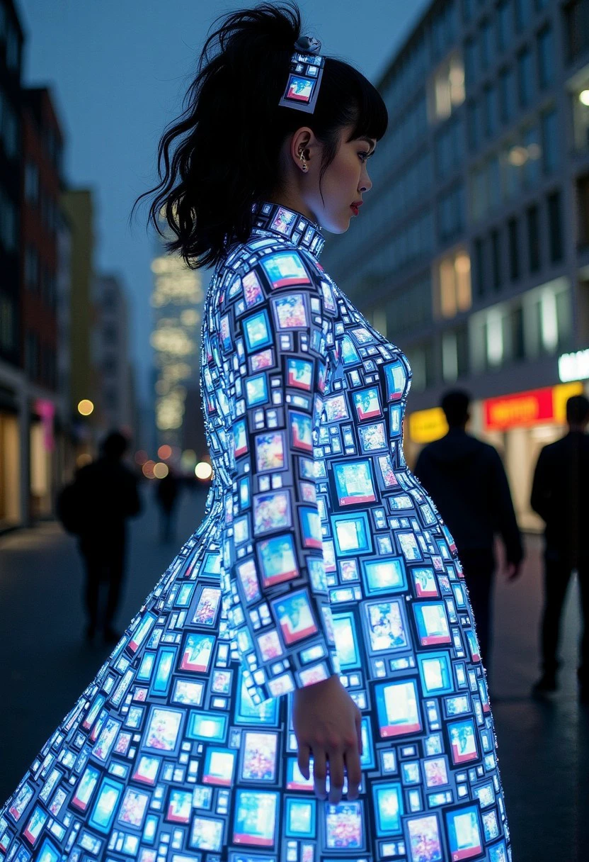 captivating illustration of (woman:1.2) wearing a dress made of (LCD screens:1.4), displaying vibrant (TV-like images:1.3), semi-transparent design, (white dress slip:1.5) underneath, futuristic fashion, (dynamic visuals:1.2), glowing colors, (high-tech aesthetic:1.3), urban backdrop, (soft lighting:1.1), by (Yayoi Kusama:1.2), intricate details, modern art influence