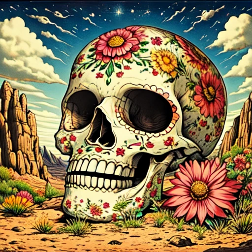 <lora:Vibrant_CalaveraSD1:1> ArsMJStyle, Vibrant Calavera, The image is a digital illustration of a skull in a desert-like landscape. The skull is in the center of the image with its head facing towards the left side of the frame. It is decorated with colorful flowers and patterns in shades of pink orange yellow and green. The flowers are arranged in a symmetrical pattern around the skull's face with some overlapping each other. The background is a deep blue sky with white clouds and there are mountains in the distance. The ground is covered in small rocks and shrubs and the overall color palette is vibrant and colorful. The overall mood of the illustration is surreal and dreamlike., flower, sky, cloud, no humans, outdoors, pink flower, grass, floral print, star (sky), rock