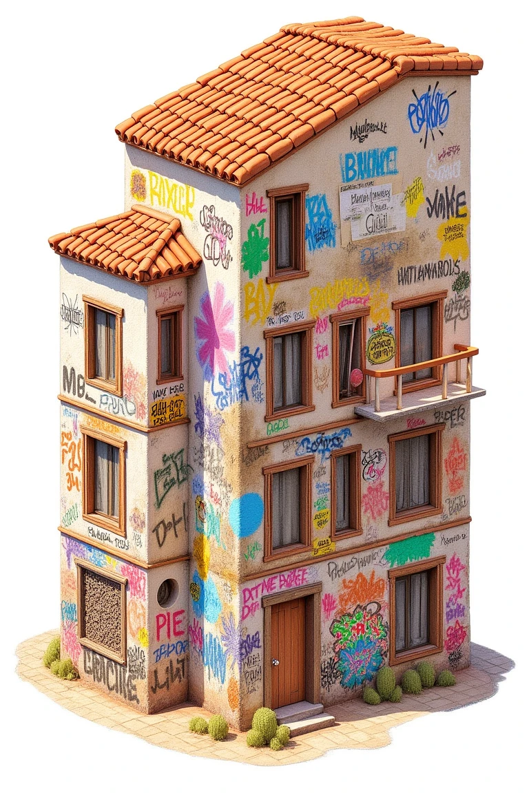 A detailed 3D isometric drawing of a Mediterranean-style building with multiple floors and terracotta-tiled roofs. The building's exterior walls are covered in vibrant, colorful graffiti in a variety of styles, including bold tags, intricate murals, and street art. Each section of the wall has a different artistic design, showcasing various graffiti techniques. The walls show some weathering, with a realistic texture of aged plaster, contrasting with the fresh, vivid colors of the graffiti. The windows and doors are simple and rustic, and the warm, natural lighting highlights the overall structure, casting soft shadows to enhance the 3D effect.