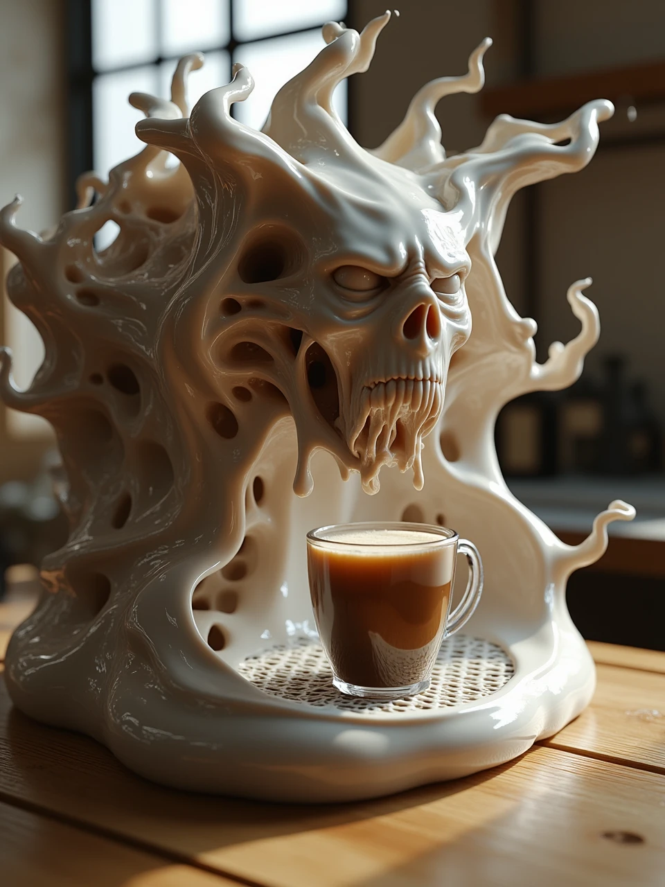 a professional coffee machine made up of scream_fluid,making coffee on table