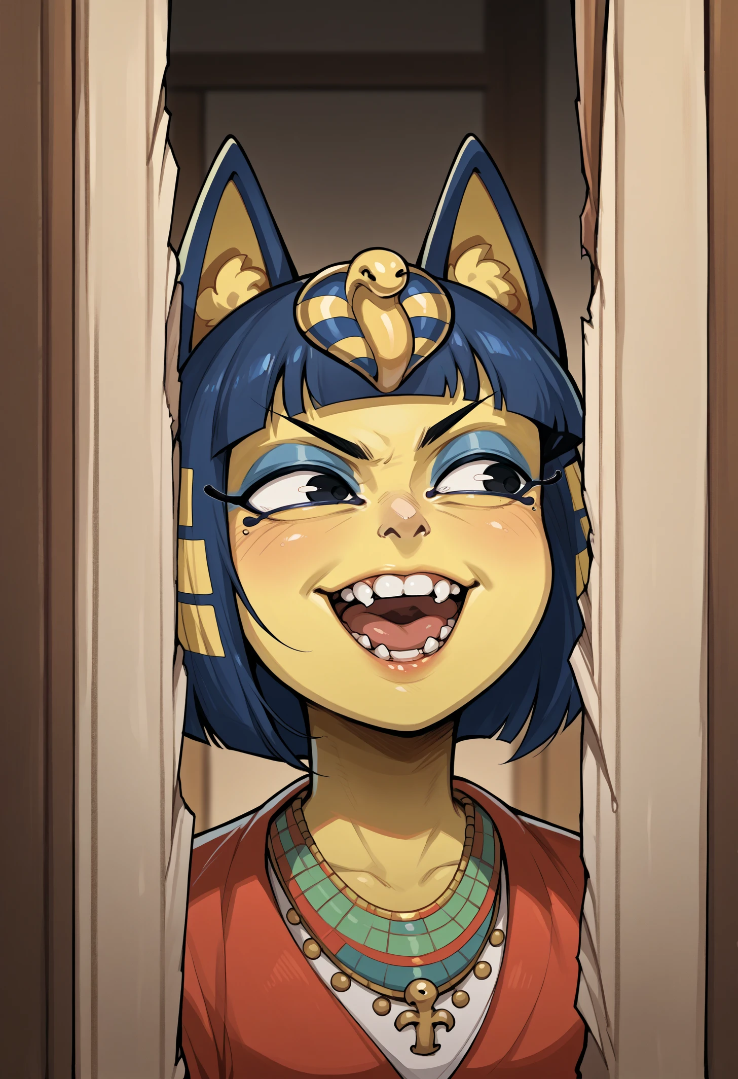 score_9, score_8_up,score_7_up, source_anime, 1girl, solo, hrsjhy,  open mouth, clenched teeth, evil grin, broken door, door, looking to the side, portrait, 
ankha \(animal crossing\), colored skin,
<lora:hrsjhy_pdxl_EliPot:1>