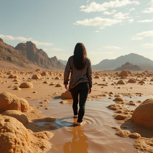 chocoslime, chocolate, woman walking through a slimey desert, in a brown desert with mountains in the far, solo, wearing black pants and shirt, wearing sunglasses, black hat, bright sun, mountains in far background, beautiful desert, day sky, full sun, sunlight, adult, short hair, brunette, realistic, masterpiece, 4k, trending on artstation, oustanding art, high details, brown scenery