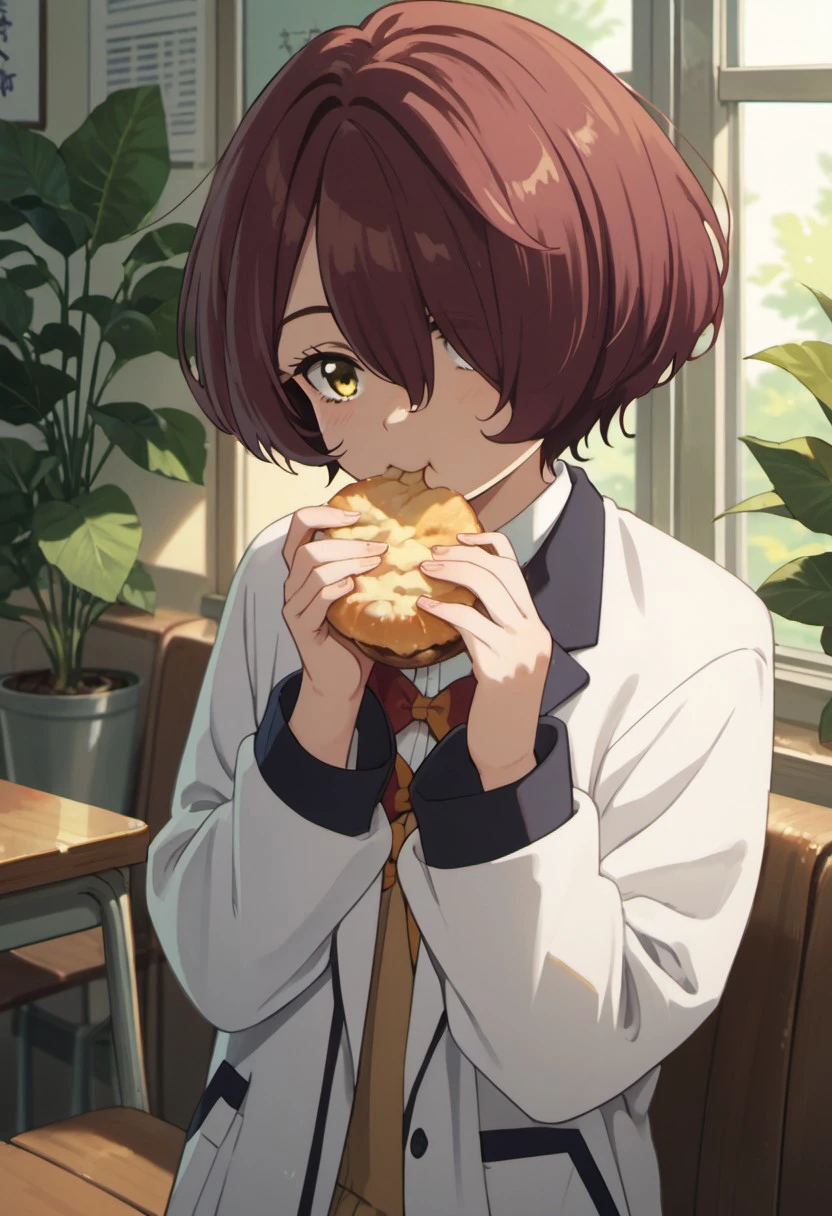 score_9, score_8_up, score_7_up, source_anime,komari chika, short hair, reddish-brown hair, yellow eyes, 1girl, solo, indoors, school uniform, eating, hair over one eye, jacket, hands up, white jacket, plant, food, long sleeves