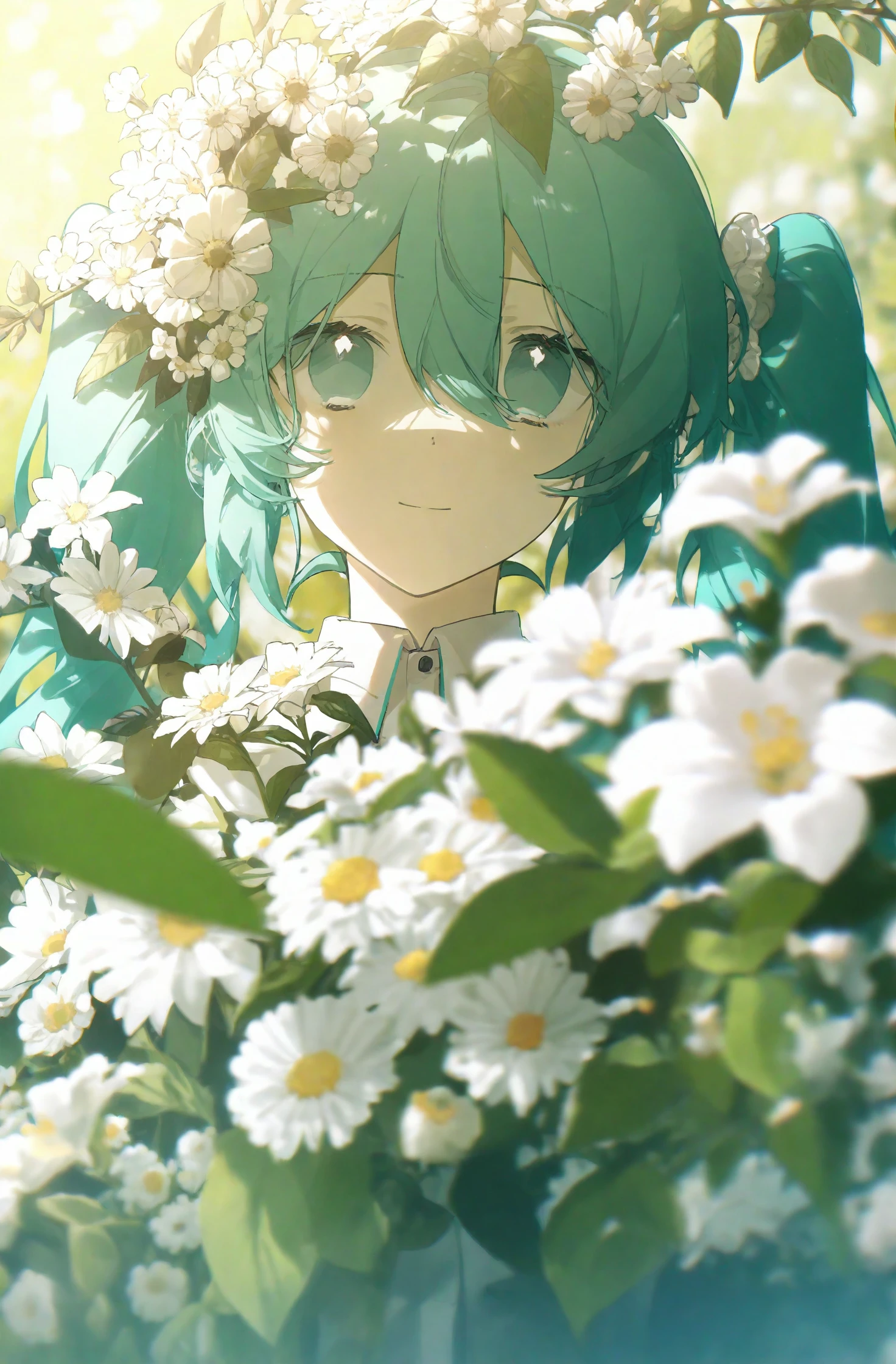 masterpiece, best quality, illustration, konya karasue, 1girl, solo, hatsune miku, flower, looking at viewer, white flower, long hair, leaf, hair between eyes, aqua hair, upper body, blurry, bouquet, blurry foreground, twintails