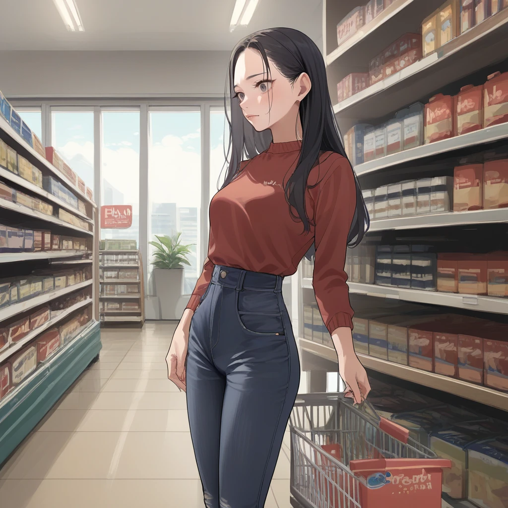 score_9, score_8_up, score_7_up, score_6_up, score_5_up, score_4_up, zPDXL2,source_anime,rating_questionable <lora:Supermarket:0.8> sup3rmark3t, indoors, shelves, store, 1girl, high waist jeans,