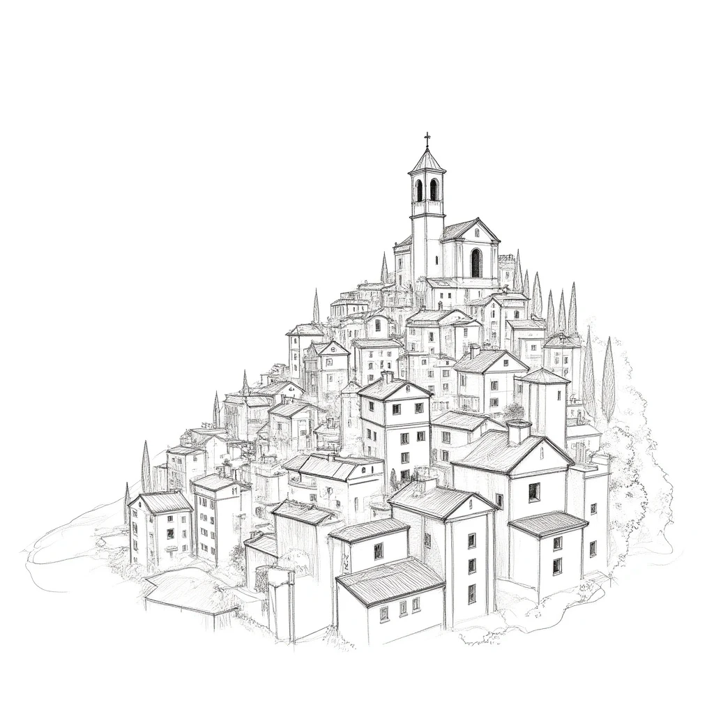 professional 3d model  <lora:7894cfcb-e610-4679-a64c-f348eed79002.TA_trained:1>ndustrial_design_sketch_style, construction lines "An intricate pen sketch of a Mediterranean hilltop village with a church tower at the top, featuring tightly packed houses cascading down the hill. Add subtle architectural details such as windows with shutters, small balconies, and archways while keeping the minimalist style. Include sketchy cypress trees near the church and light rooftop gardens. In the sky, draw simple birds flying and faint outlines of clouds, all in the same pen-drawn style. Maintain the clean, monochromatic aesthetic of the original drawing. . octane render, highly detailed, volumetric, dramatic lighting