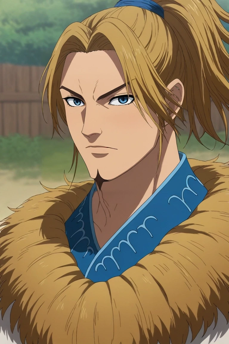 score_9, score_8_up, score_7_up, source_anime, rating_safe, , (realistic:0.6), , depth of field, 1boy, solo, male focus, <lora:li_mu_pony:0.88>, li_mu, blonde hair, blue eyes, long hair, ponytail, facial hair, goatee, aged down, , cowboy costume, <lora:sdxl_lightning_8step_lora:1>