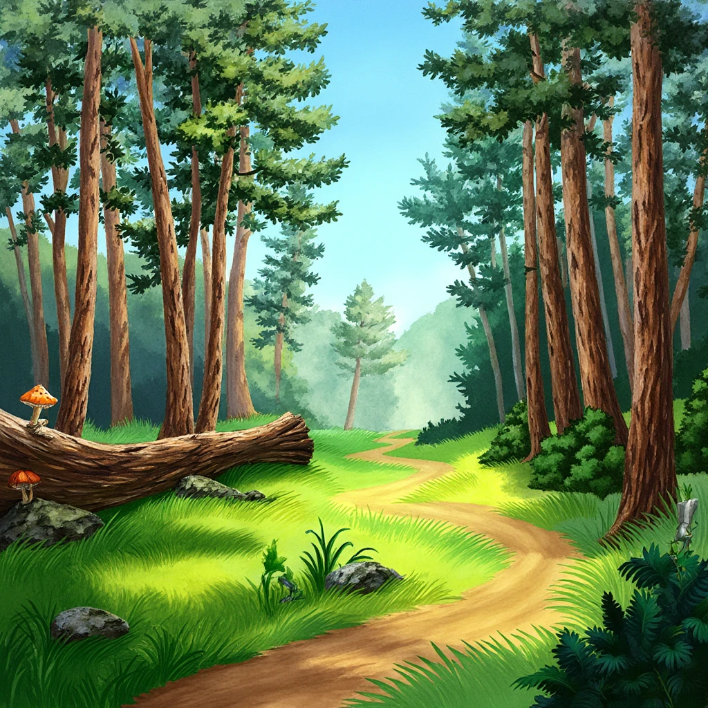 TThe PIVIG image style. This is a vibrant, highly detailed, digital illustration of a serene forest scene. The image showcases a lush, sunlit forest with tall, slender trees, predominantly birch and pine, with their trunks a mix of brown and tan colors. The trees are spaced evenly, creating a sense of depth and perspective. The forest floor is covered in vibrant, lush green grass, with a winding dirt path meandering through the center, leading the eye into the scene. 

In the foreground, a fallen log, covered in moss and mushrooms, adds a textured, earthy element. The ground is rich with various plant life, including ferns and other foliage, adding to the dense, verdant atmosphere. 

The sky above is a gradient of soft blue, transitioning from a lighter hue at the top to a deeper shade at the horizon, suggesting a clear, sunny day. The light filtering through the trees casts dappled shadows on the forest floor, enhancing the sense of depth and texture.

In the background, a couple of trees are slightly obscured, their trunks blending into the distance, while the rest of the scene is filled with the rhythmic pattern of tree trunks and foliage.