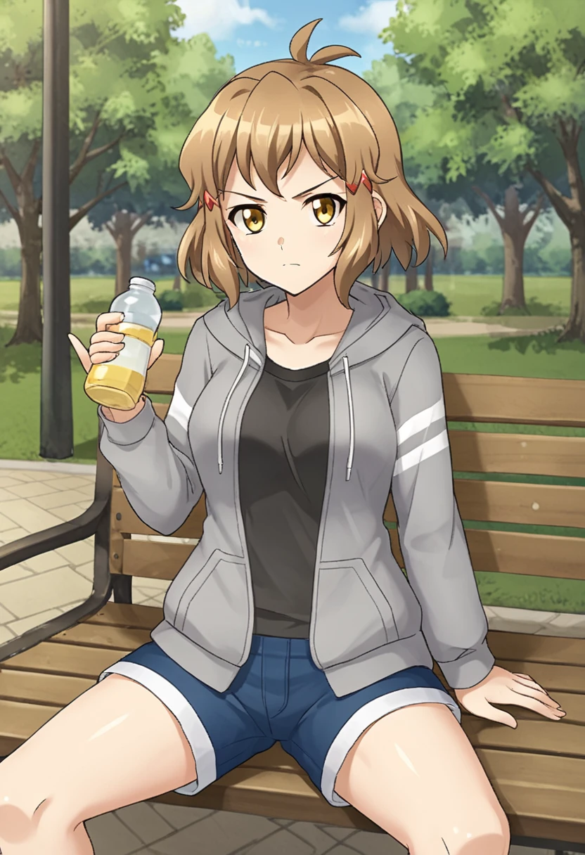 1girl, solo, thibikianotherif, brown hair, antenna hair, brown eyes, yellow eyes, short hair, hairclip, grey shirt, hooded sweater, open clothes, black shirt, blue shorts, sitting, bench, outdoors, park, holding bottle, serious, looking at viewer