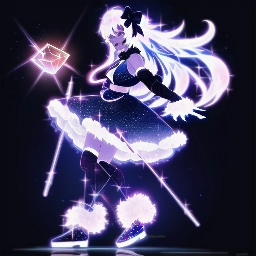 ai-generated encore (meme), heart, footwear bow, night, capelet, artist name, crossed bangs, wide sleeves, holding staff, black dress, outstretched arm, twitter username, dress, lower teeth only, black gloves, sleeveless shirt, straight-on, black vest, bow legwear, cube, nipples, white hair, cowboy shot, character name, 1boy, saliva, strapless, light smile, english text, ankle bow, bandaged arm, starry sky print, staff, ahoge, frilled skirt, pink skin, arm grab, sash, white necktie, open mouth, gloves, head tilt, flower, frills, short dress, multicolored eyes, shoes, fur-trimmed skirt, asymmetrical sleeves, profile