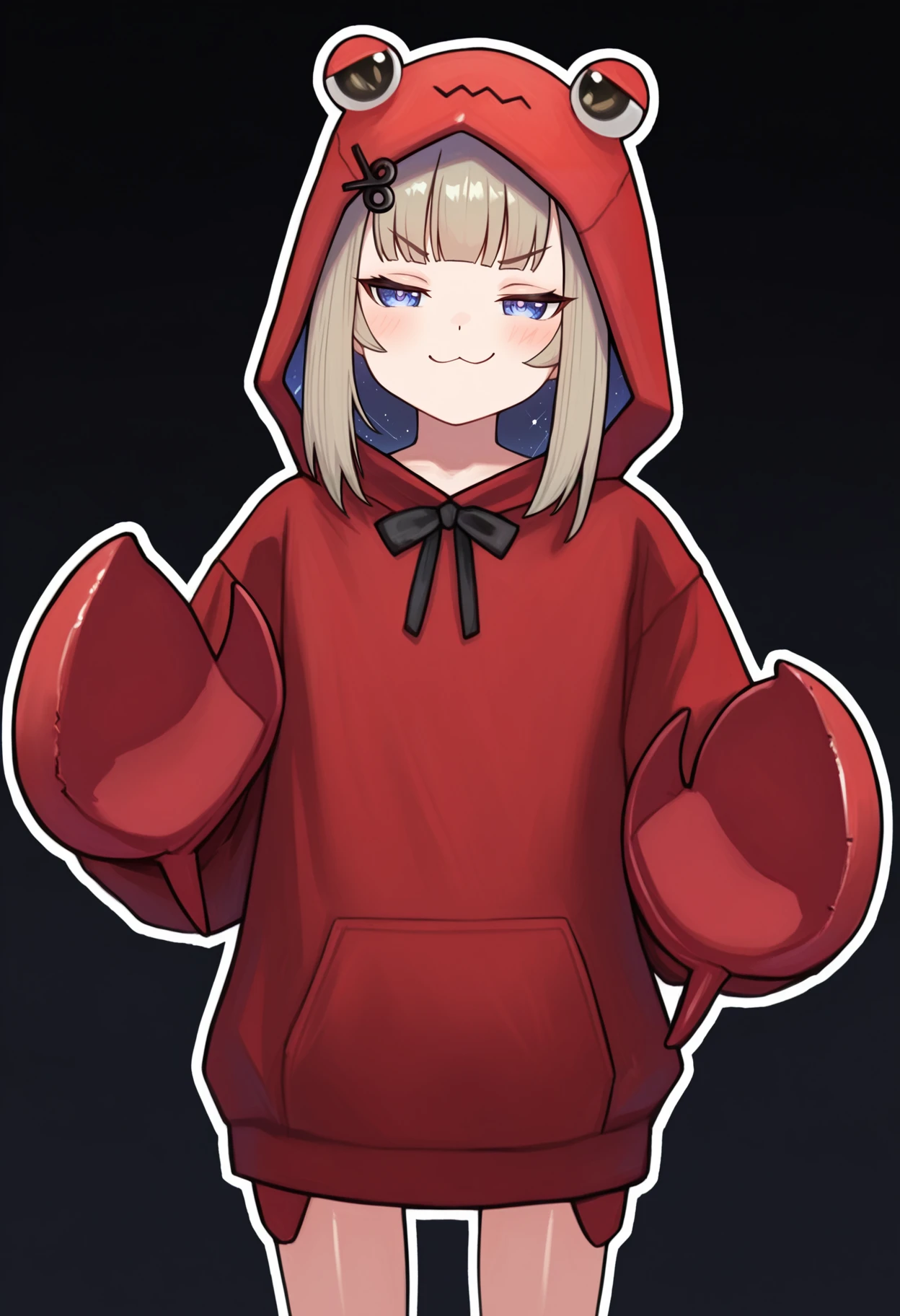 (momisan, ciloranko:0.8), (ekrea jan, bigrbear:0.4), 1girl, solo, amanogawa shiina \(2nd outfit\), red hoodie, crab hood, hood up, crab claw, cowboy shot, smug, white outline, black background
<lora:shiina-16-2:1>, masterpiece, best quality