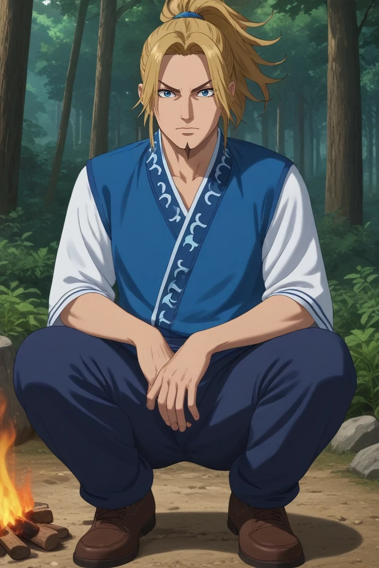 score_9, score_8_up, score_7_up, , rating_safe, , anime screencap, anime coloring, , looking at viewer, , 1boy, solo, male focus, <lora:li_mu_pony:0.76>, li_mu, blonde hair, blue eyes, long hair, ponytail, facial hair, goatee, aged down, full body, cabin, forest, campfire, noon, leaning on object, nervous, ,, <lora:sdxl_lightning_8step_lora:1>