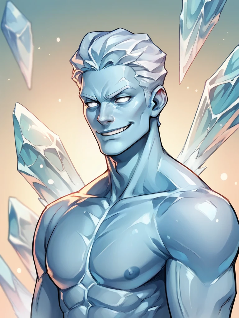 portrait of Iceman_BD man, smirking, ice skin, ice, white eyes, blue skin,  <lora:Iceman_Bobby_Drake:.8>, score_9, score_8_up, score_7_up, <lora:Smooth Anime 2 Style SDXL_LoRA_Pony Diffusion V6 XL:.3>   <lora:add-detail-xl:.8>  zPDXL3,