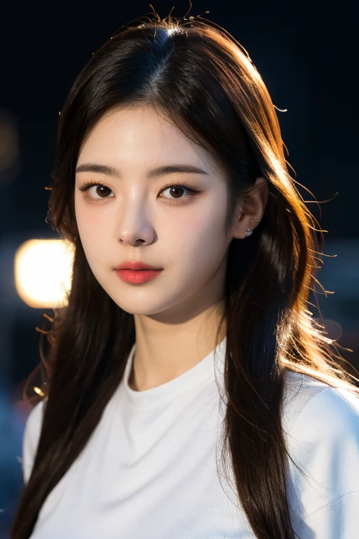 masterpiece, best quality, ultra-detailed, ultra high res, (photorealistic:1.4), raw photo, (realistic:0.2), 8k HDR, realistic lighting, 1girl, solo, (asian:0.2), asymmetrical hair, outdoor, night, (simple background:1.4), bokeh, (detailed lips), (detailed pores), (detailed skin textures), (detailed face:1.2), (upper body:1.2), a woman in a white suits, promotional image, a character portrait,