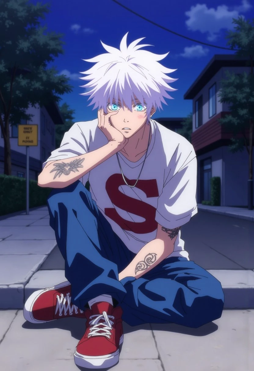 This is a digital illustration in an anime style, featuring a male character with an intense and focused expression. He has an androgynous appearance with pale skin and striking, strikingly bright blue eyes that stand out vividly against his white hair, which is tousled and somewhat messy. The boy's hair is styled in a chaotic, voluminous manner, giving him a youthful, anime aesthetic. His eyes are the primary focal point, with an otherworldly glow, adding a dramatic effect to his gaze. he is sitting casually on a sidewalk curb, leaning his face on one hand in a relaxed, introspective pose. he is wearing loose-fitting, baggy blue jeans and red-and-white sneakers. his T-shirt is white with a bold, red graphic design, and he has visible tattoos on his arm, giving off a rebellious, edgy vibe. The background shows a suburban street with trees and a stop sign, captured under a deep blue evening sky. The wide-angle lens exaggerates the perspective, making the scene feel expansive yet intimate. The overall mood conveys a mix of carefree attitude and street-style aesthetics.