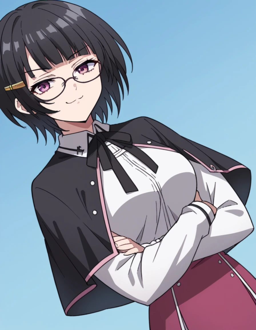 score_9, score_8_up, score_7_up, source_anime, <lora:souna-sitri-s1-ponyxl-lora-nochekaiser:1>, souna sitri, short hair, black hair, hair ornament, glasses, hairclip, bangs, blunt bangs, purple eyes, medium breasts, shirt, ribbon, school uniform, white shirt, black ribbon, neck ribbon, capelet, black capelet, long sleeves, skirt, red skirt,, laundry day, clothesline, drying clothes, domestic life, fresh air, blue sky, , looking at viewer, crossed arms, smug, solo,, cowboy shot, dutch angle,