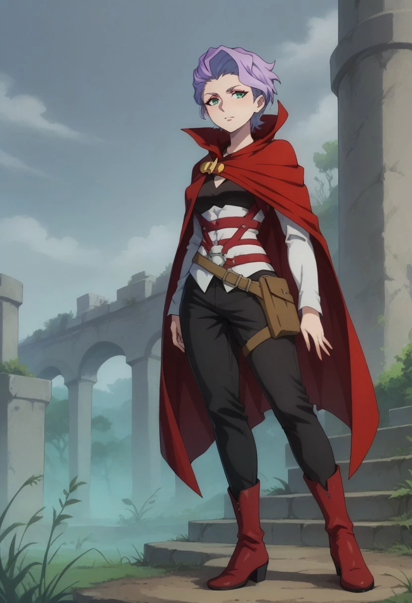 safe_pos, score_9, score_8_up, score_7_up, source_anime, highly detailed, 

meridies, 1girl, solo, purple hair, short hair, green eyes, shirt, white shirt, detached sleeves, breasts, cape, red cape, belt, pants, black pants, pouch, boots, red footwear, standing, 

outdoor, 