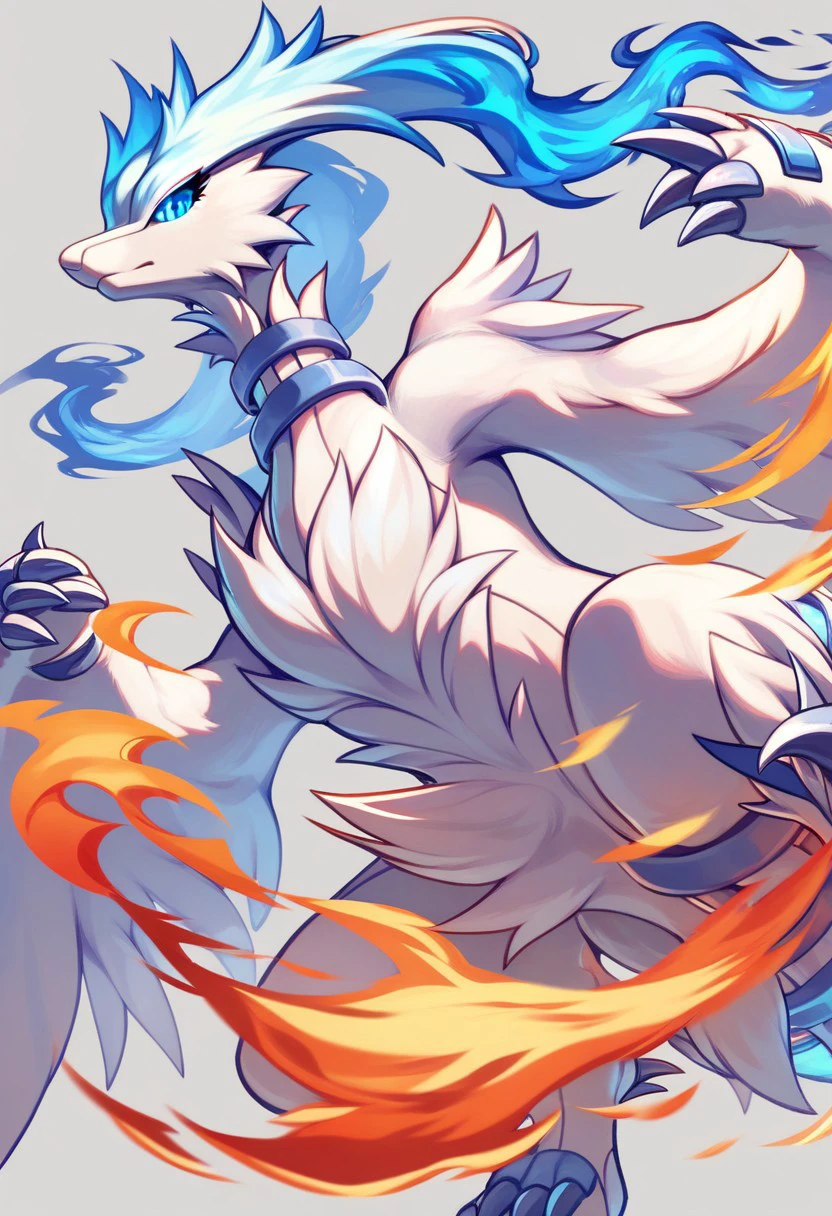 score_9, score_8_up, score_8, cute, eyelashes,   solo, detailed, eyes, 
Reshiram, blue eyes, blue fire, claws, fire, from below, grey background, no humans, simple background, glowing eyes,