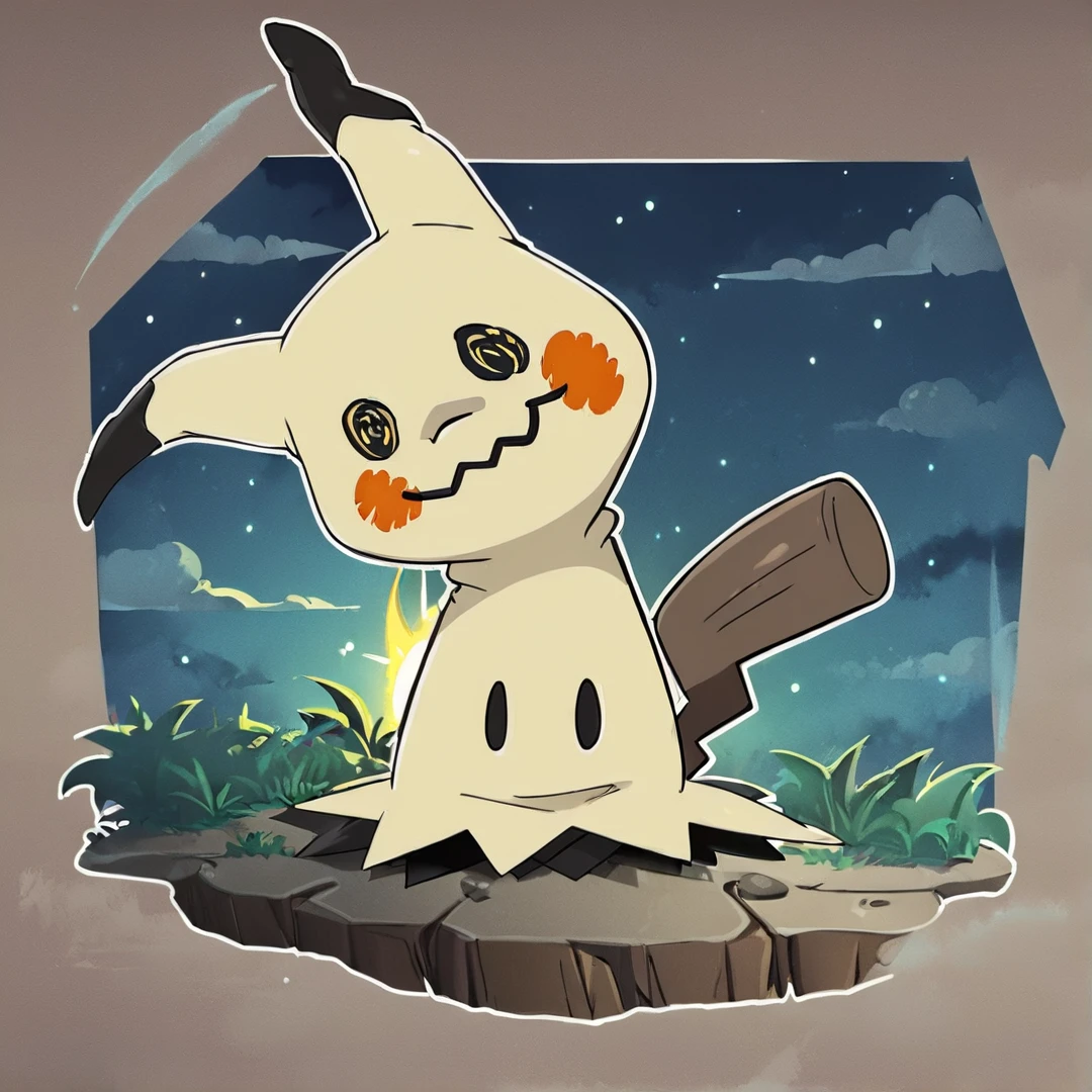 <lora:Mimikyu:1>, a human, who got black messy hair, yellow eyes, a cute but scary face, cream-yellow ripped hoodie, two holes appear in the hoodie, which are the actual eyes, black ripped jeans, black boots, shadowy-like hands, looks like a Pikachu, skin is a grayish-beige, tail is made of wood, and has a grayish-brown color, face consists of poorly cheeks, and a zigzag mouth