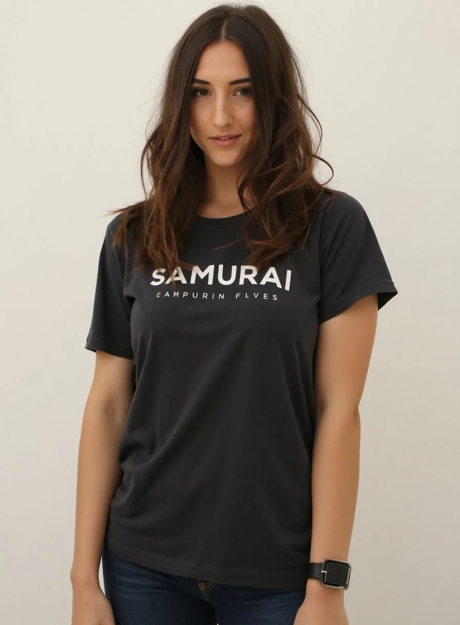portrait, stp00l3, she is wearing a "SAMURAI" branded tshirt