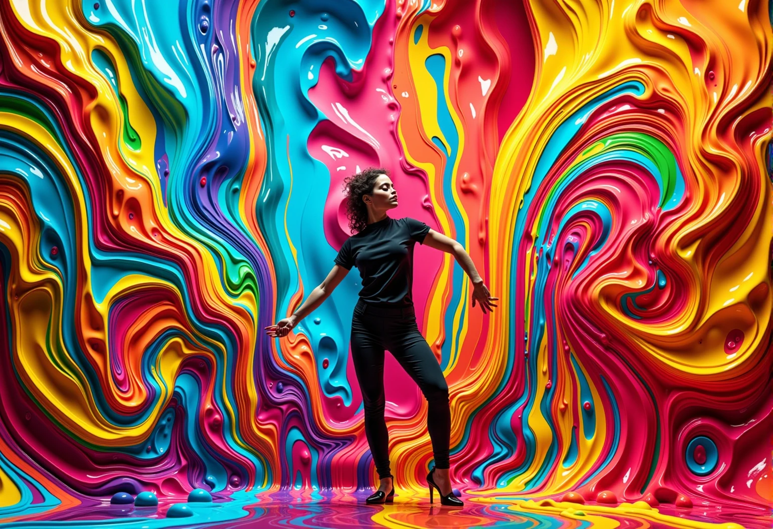 bv-colpaidri. A full-body shot of a dancer, their legs covered in vibrant color splashes, standing in a confident stance, with a background made of swirling paint textures, emphasizing motion, <lora:bv-colorful-paint-dripping-v1.safetensors:0.7000000000000001:0.7000000000000001>