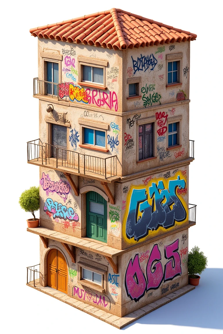 A detailed 3D isometric drawing of a Mediterranean-style building with multiple floors and terracotta-tiled roofs. The building's exterior walls are covered in vibrant, colorful graffiti in a variety of styles, including bold tags, intricate murals, and street art. Each section of the wall has a different artistic design, showcasing various graffiti techniques. The walls show some weathering, with a realistic texture of aged plaster, contrasting with the fresh, vivid colors of the graffiti. The windows and doors are simple and rustic, and the warm, natural lighting highlights the overall structure, casting soft shadows to enhance the 3D effect.