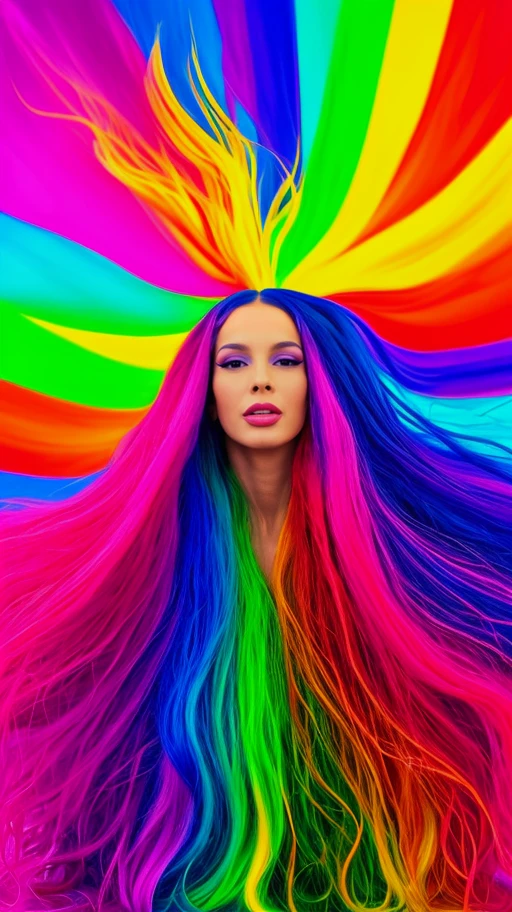 Extreme realism in a complex, highly detailed composition featuring a woman with extremely long flowing rainbow-colored hair. The glowing background, with its vibrant colors, exaggerated details, intricate textures, and dynamic lighting, creates a whimsical, dreamy atmosphere in photorealistic quality., <lora:ariannytenorio_proyect:0.95> (ariannytenorio),