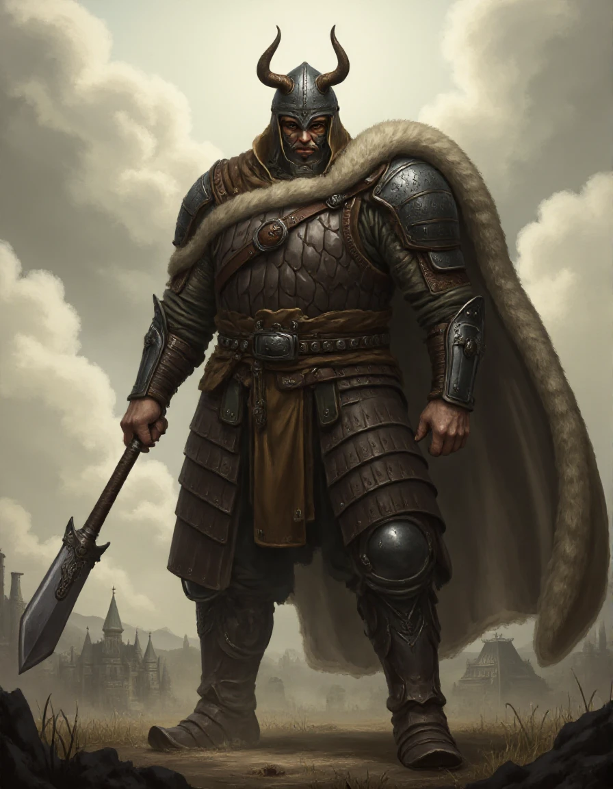 medium shot of perfect bulky muscular tall huge male knight, wearing fully body scale armor, wearing horned helmet, piercing eyes seen behind helmet visor, scales, SCLARMR, huge body, tall, imposing, holding a massive bastard sword in his hand firmly, wearing a majestic epic fur cape, imposing presence, towering, standing in battlefield, majestic epic clouds, fantasy art, leather lamellar armor, full body, masterpiece, dramatic lighting, back lit, dramatic epic scene, mist and smoke, cinematic, dramatic lighting, 100mm f/2.8 macro lens, freckles, skin pores, pores, vellus hair, macro, extreme details, looking at viewer, serious expression, investigative stare <lora:Flux_Skin_Texture:0.7> <lora:FluxDFaeTasticDetails:0.8> <lora:detailed photorealism style v3:0.5>  <lora:Dark Cinematic:0.7> DRK <lora:Scale_Armor_-_FLUX-000012:0.9>