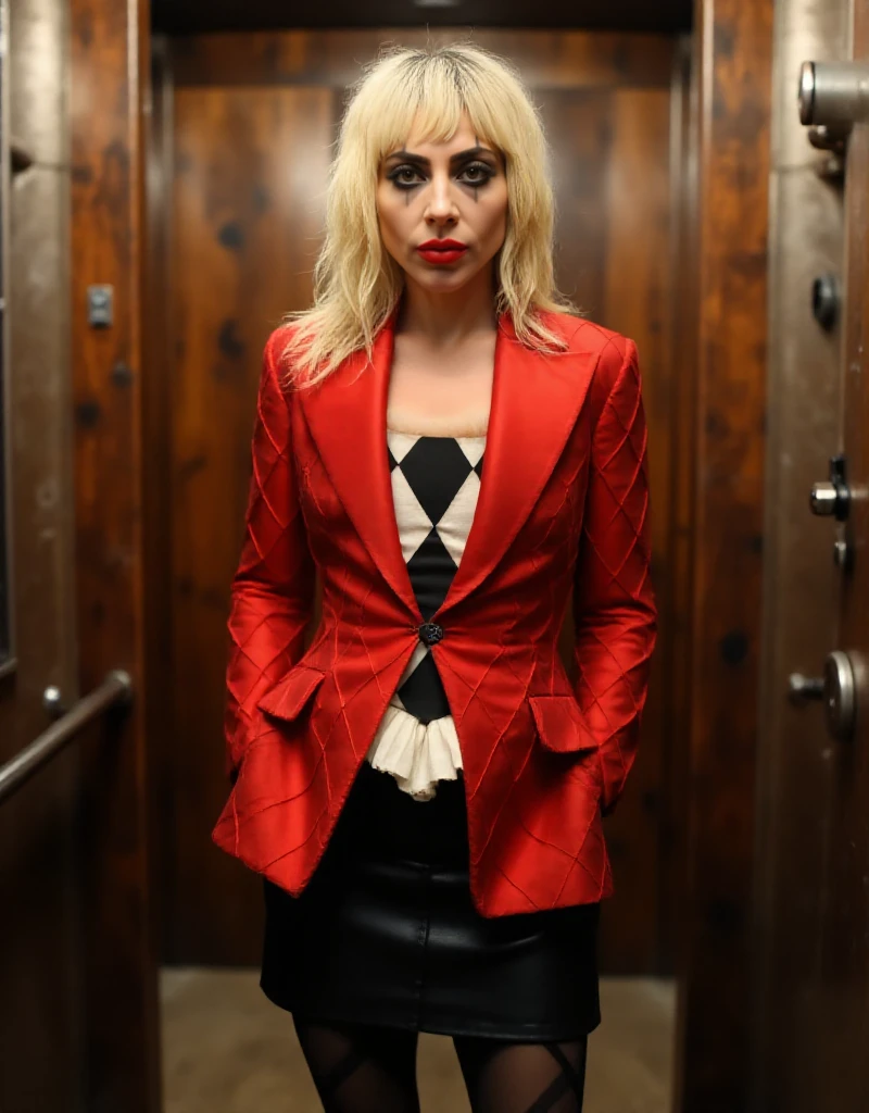 full body view of Quinn is a blonde woman with makeup and red lips, red jacket, she is in a lift  <lora:Quinn:0.9>