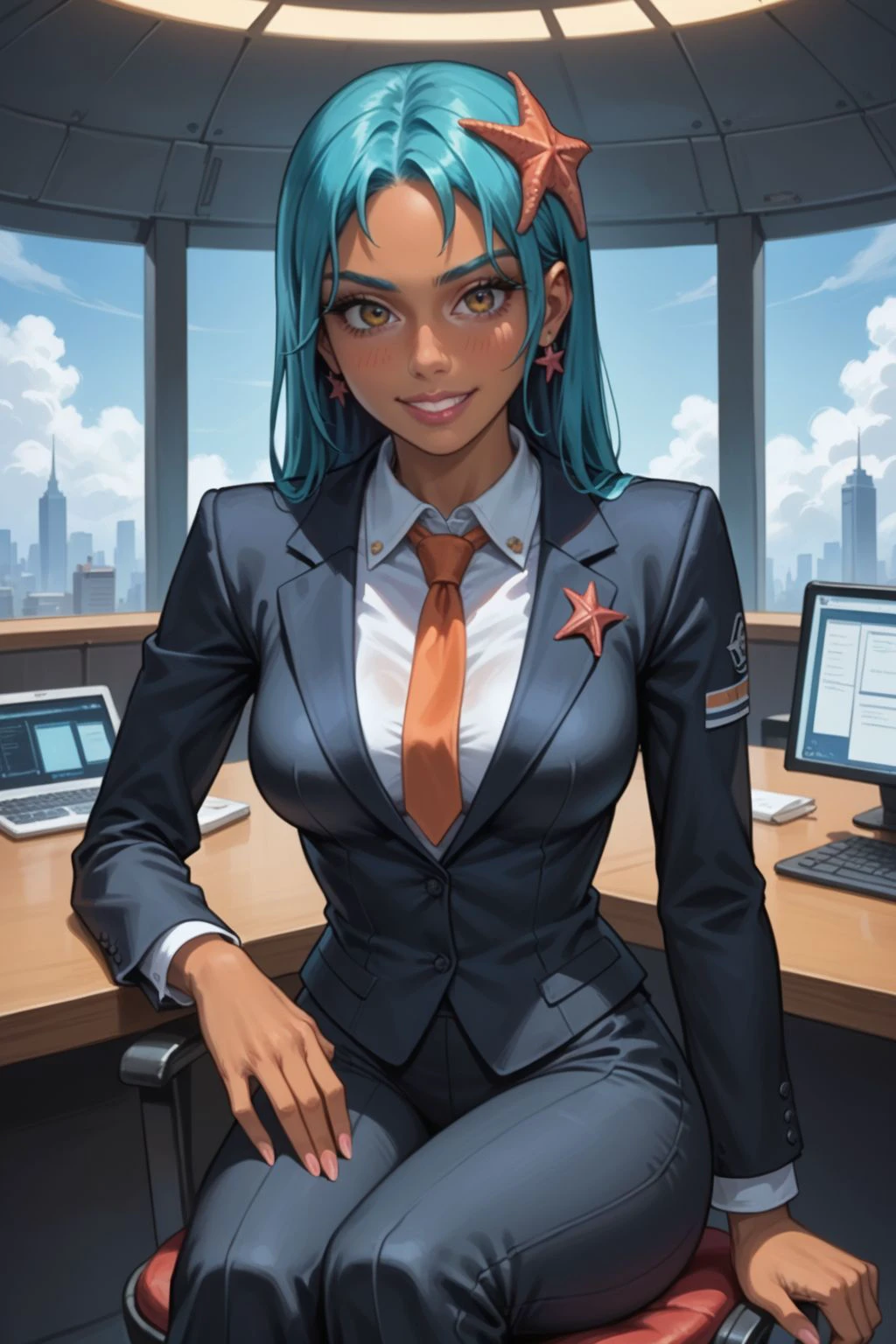 score_9, score_8_up, score_7_up, ((rating_safe)), masterpiece, high quality, highres RAW photo,
solo, a 1girl, 18 years old, andraiareboot, blue hair, long hair, starfish hair ornament, colored skin, orange skin, dark skin, jewelry, wearing black suit and necktie, black suit pants, black business high heels, <lora:AndrAIaReBoot:0.65>
(slender body, petite:1.2), sexy, eye contact, sexy eyes, perky, tear_drop breasts, tiny waist, sensual, seductive look, ((confident, arrogant, determined, happy, smile, smiling, wide smile, teeth)), (sitting, seated)
((futuristic science fiction)) , in a science fiction corporate office, indoors, corporate window, desk, desk chair