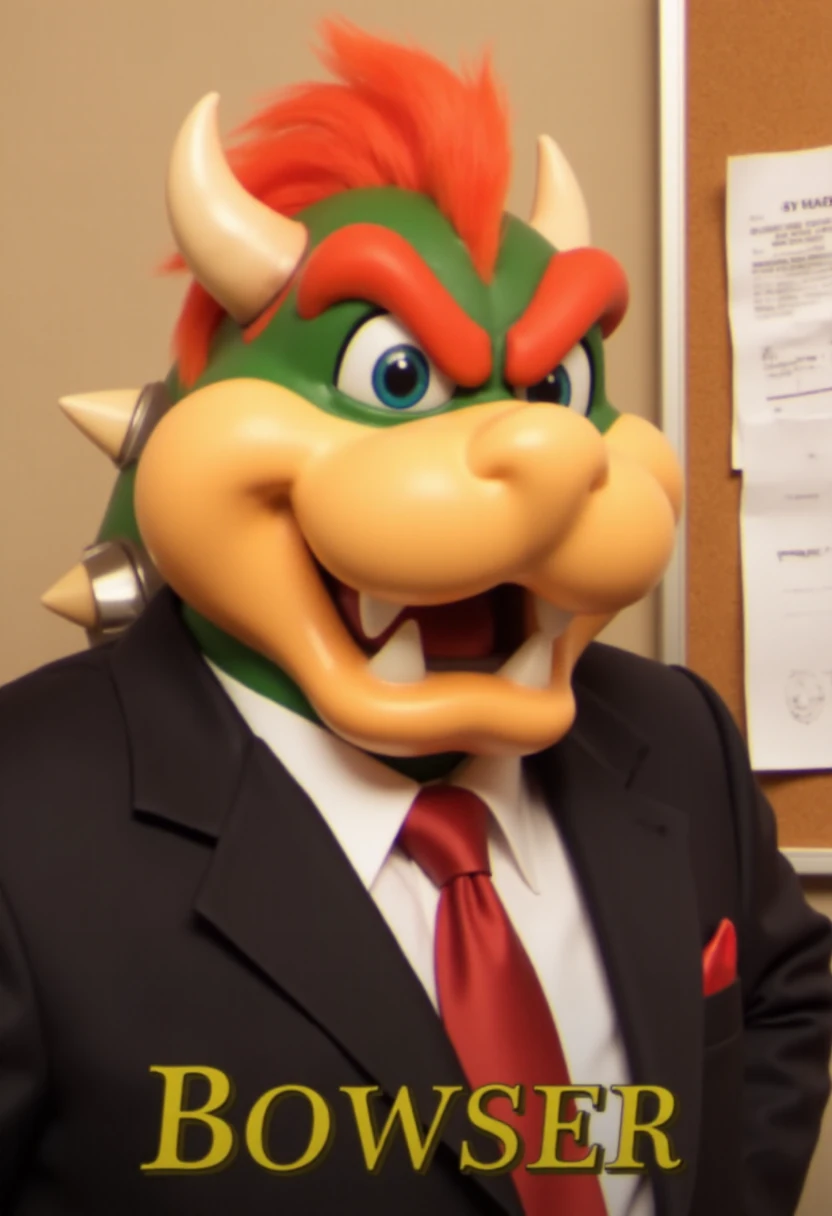 <lora:Too_Many_Cooks_FLUX:1>
This image is a photograph of a friendly, smiling Bowser from the Super Mario series. He is dressed in a dark suit jacket, white dress shirt, and a red tie, giving off a professional appearance. The background features a beige wall with a corkboard pinned with various papers and documents. The papers include a mix of printed materials, some of which have faintly visible text and diagrams, suggesting they might be work-related documents. The corkboard is positioned slightly off-center to the right. In the bottom center of the image, the text "BOWSER" is written in a bold, golden-yellow color, which appears to be a name tag or a title.